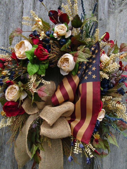 Wellesley Patriotic Wreath with Tea Stained Flag